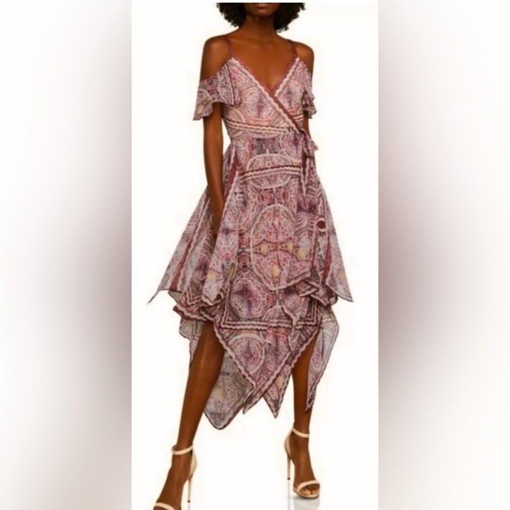 NWT BCBGMaxAzria Cold-Shoulder Festival Paisley Wrap Dress in Tibetan Red Multi